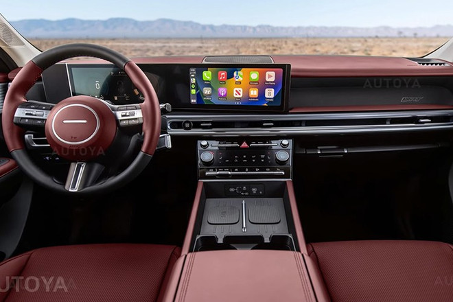 Dù cụm điều khiển trung tâm vẫn đang được che chắn kỹ lưỡng, nhiều nguồn tin cho rằng SantaFe sẽ được trang bị hệ thống màn hình cong đôi PLEOS.