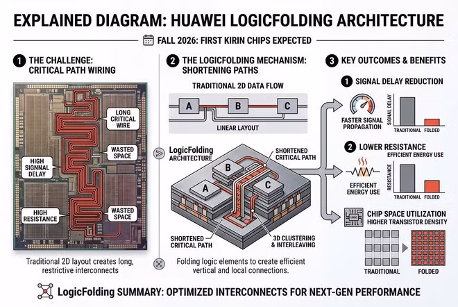 Thay vì cách đóng gói chip dạng phẳng với số lượng lớn dây dẫn, Huawei để các lớp chip chồng lên nhau với nhiều dây dẫn kết nối qua từng lớp, giúp thu ngắn khoảng cách truyền tín hiệu